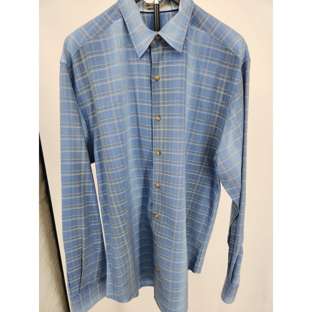 Tommy Bahama Mens LT Blue Plaid 100% Silk Long Sleeve Button Down Shirt Lg Tall